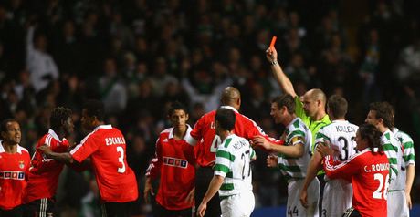 Off: Augustin Binya is shown the red card following his tackle on Scott Brown