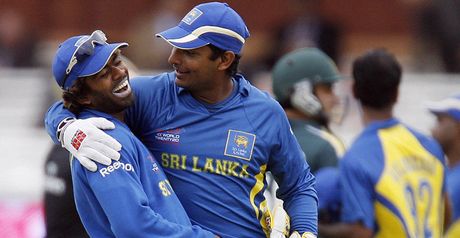 Sangakkara (R) and Malinga celebrate at Lord's