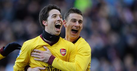 Samir Nasri celebrates after giving Arsenal a 2-0 lead before half-time.