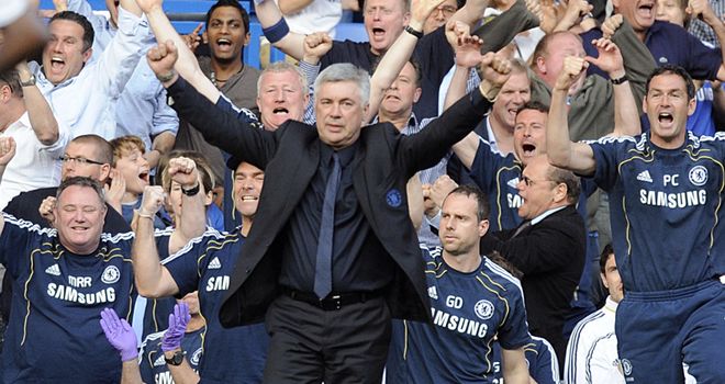 Best foot forward: Will Ancelotti be celebrating at Old Trafford on Sunday?