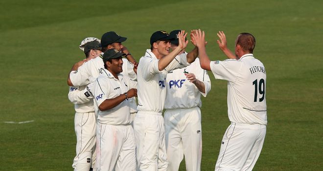 High fives: Notts scripted an unlikely victory on day three in Leeds