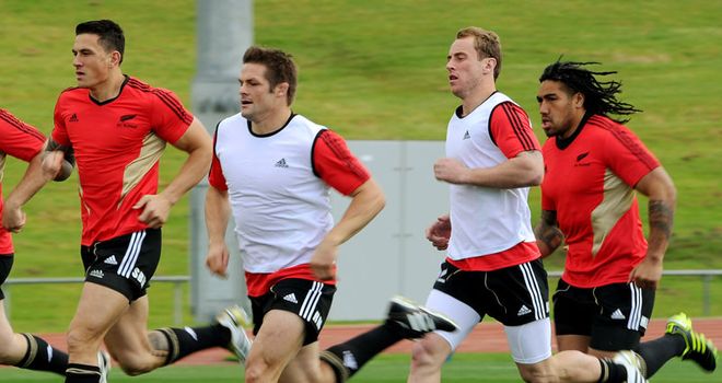Setting the pace: Sonny Bill Williams, Richie McCaw, Andy Cowan and Ma'a Nonu in training