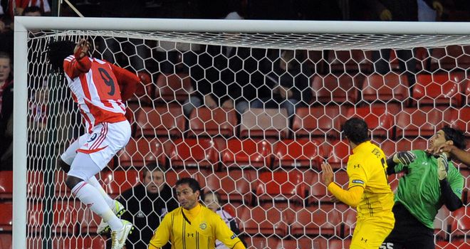 Kenwyne Jones: Stoke striker showing his dominance in the air against Maccabi