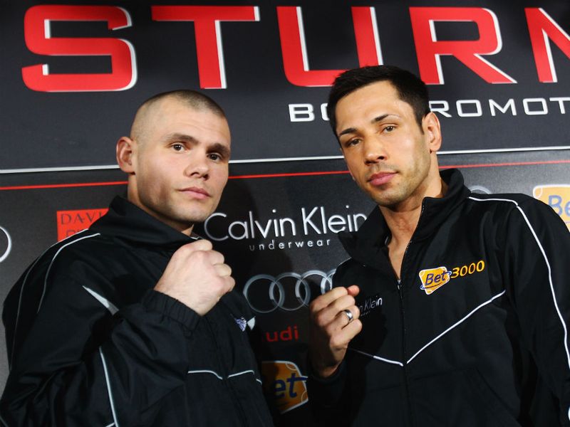 Martin Murray and Felix Sturm stand side-by-side ahead of their WBA middleweight title fight in Mannheim.