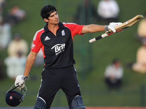 Alastair Cook celebrates his century.