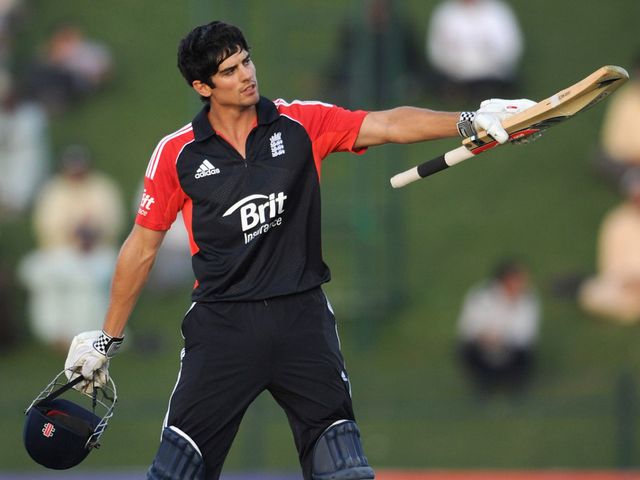 Alastair Cook celebrates his century.