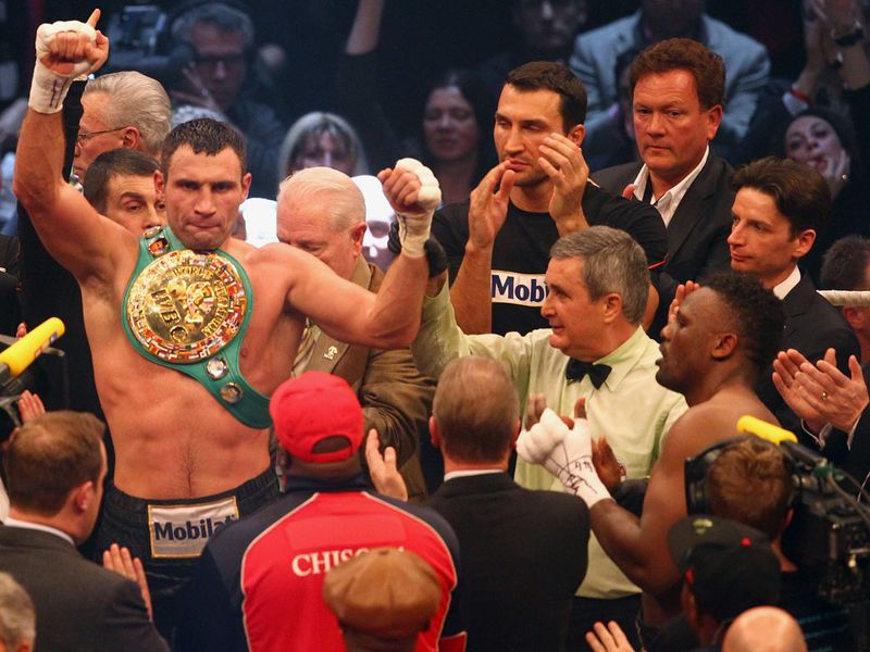 Vitali's arm is raised after a unanimous points victory