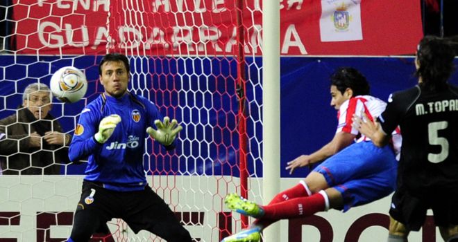 Radamel Falcao: Heads home his first goal in the 4-2 win over Valencia
