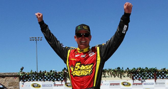 Clint Bowyer: Celebrates finishing first at Sonoma on Sunday