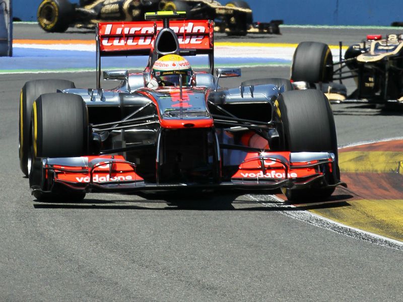 Lewis Hamilton crashed out after contact with Maldonado