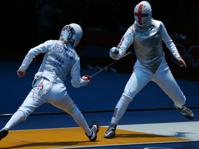 Britons Sophie Troiano and Natalia Sheppard battle at the foil fencing.