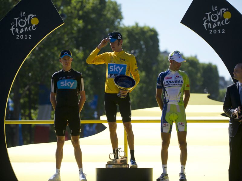 They were joined by third-placed Vincenzo Nibali (right)