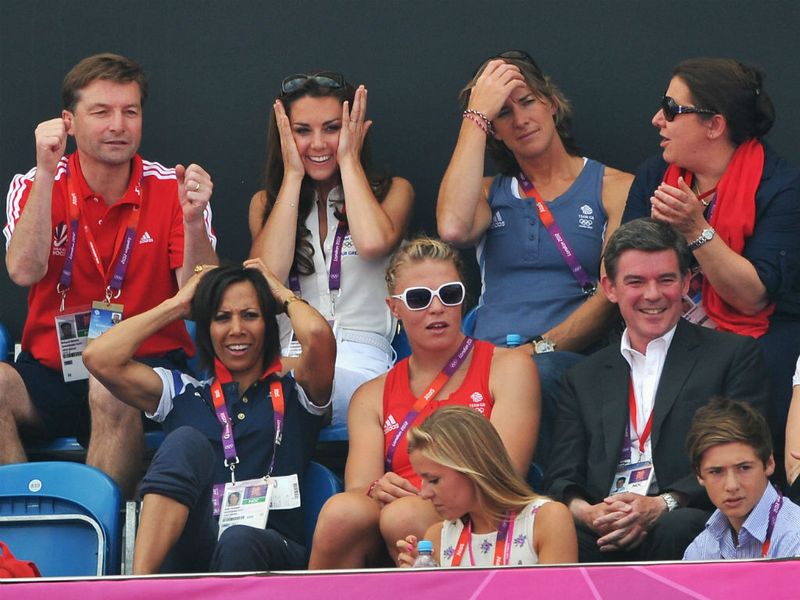 Catherine, Duchess of Cambridge, attends the women's hockey bronze medal match between New Zealand and Great Britain.