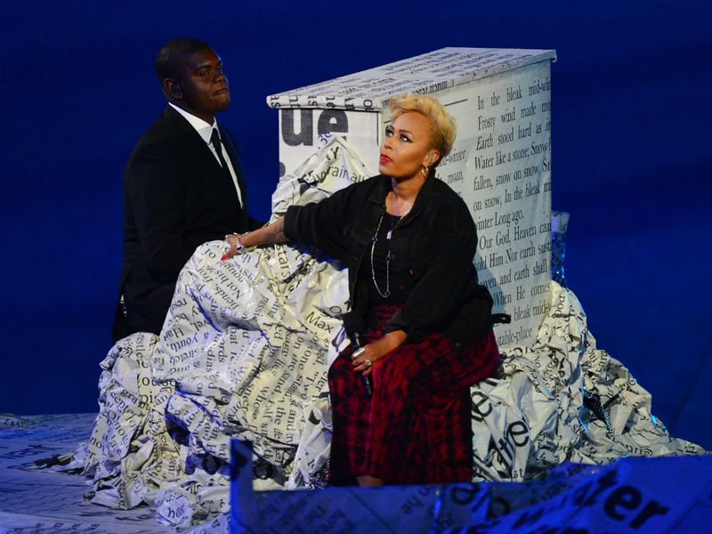 Scotland's Emeli Sande kicks off proceedings with a stripped back version of her hit recorded wih Professor Green "Read All About It"