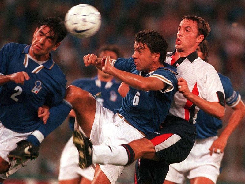 Gareth Southgate battles for the ball in the return match in Rome, the final match in the group
