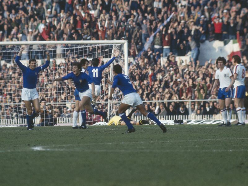 Giancarlo Antognoni celebrates scoring the second goal in Italy's 2-0 victory over England in Rome in 1976