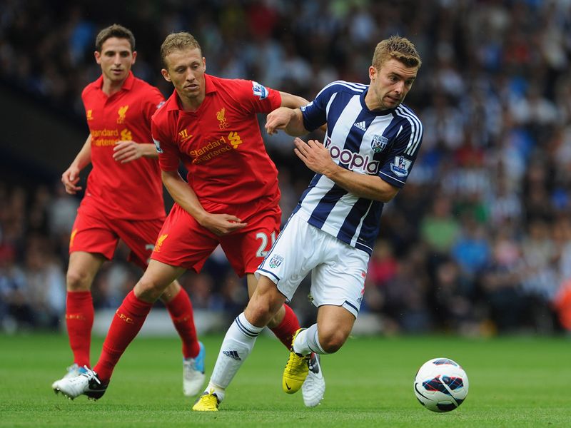 West Brom's James Morrison and Lucas Leiva of Liverpool battled for the ball at The Hawthorns.