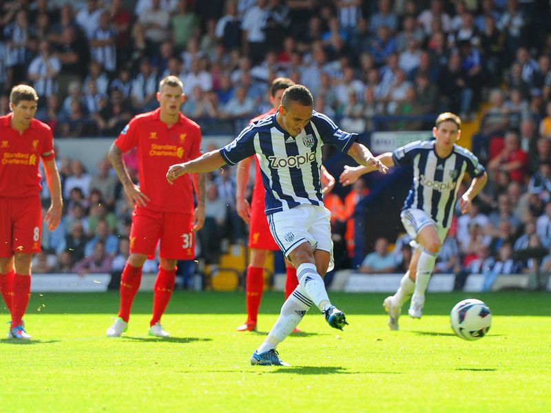 Peter Odemwingie slotted home a penalty to put West Brom 2-0 up against 10-man Liverpool at The Hawthorns.