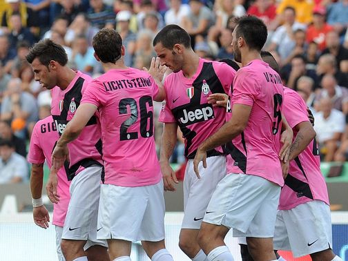 Mirko Vucinic is mobbed by his Juventus team-mates