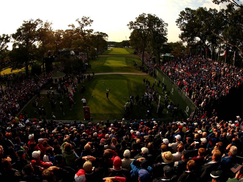 Ian Poulter tees off for Europe on a glorious morning in Illinois.