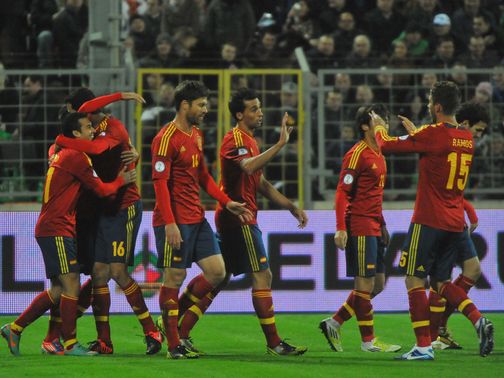 Spain celebrate a big win over Belarus.
