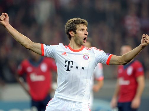 Thomas Müller celebrates for Bayern Munich
