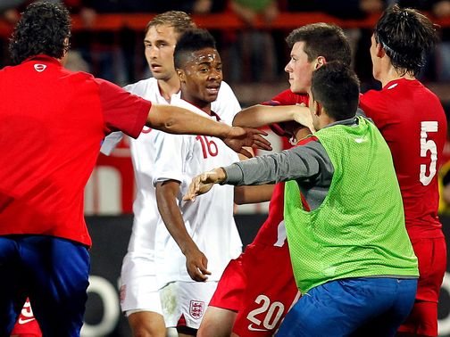England U21s clashed with Serbia's players