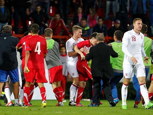 A mass brawl followed England U21's victory in Serbia in mid-October