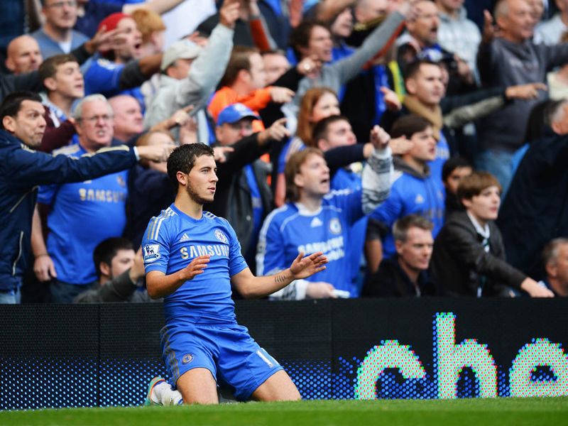 Eden Hazard has a penalty appeal turned down by referee Anthony Taylor.
