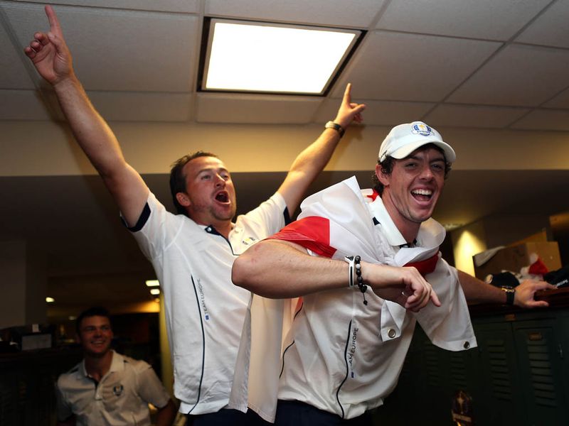 Inside the European locker room Graeme McDowell and Rory McIlroy continue the party.