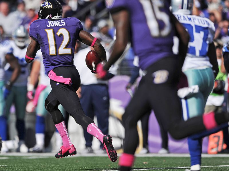 Jacoby Jones scores on a 108-yard kick-off return as Baltimore see-off a Dallas fightback in Baltimore.