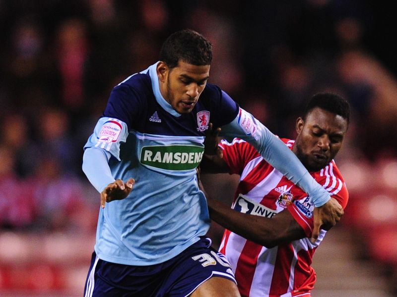 Boro's Faris Haroun battles for possession with Sunderland midfielder Stephane Sessegnon.
