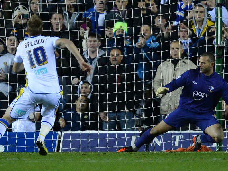 Lucian Becchio converts a stoppage-time penalty for Leeds to seal a 3-0 victory and dump out the Saints.