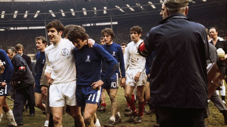 Leeds v Chelsea: The teams trudge off after battling out a 2-2 draw at Wembley in the 1970 FA Cup final