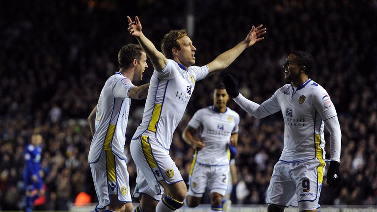 Luciano Becchio: Celebrates scoring from the spot for Leeds