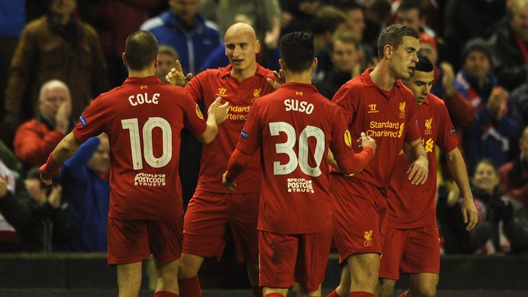 Jonjo Shelvey celebrates his first half opener for Liverpool