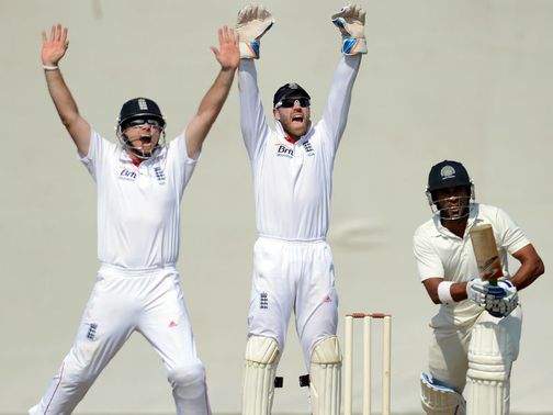 England fielder Ian Bell and wicket keeper Matt Prior appeal successfully the wicket of Sachin Rana&nbsp;