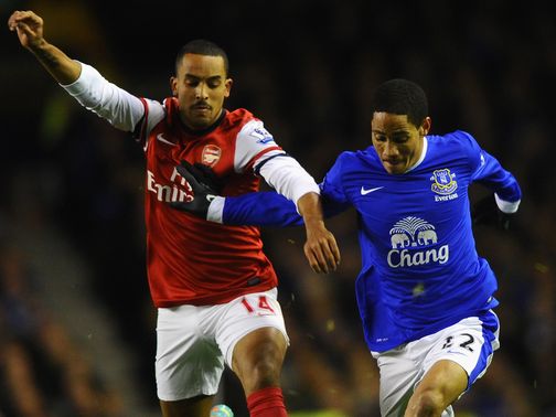 Theo Walcott and Steven Pienaar battle for the ball