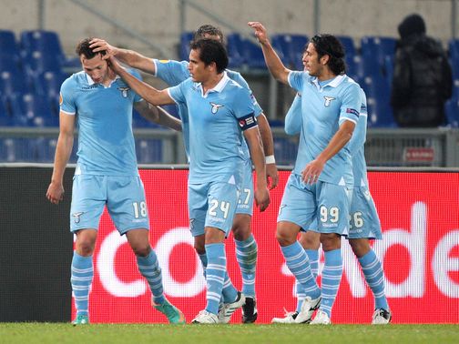 Libor Kozak celebrates with his Lazio team-mates