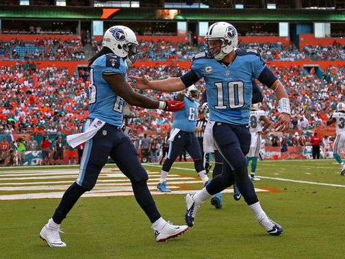 Chris Johnson and Jake Locker celebrate for Tennessee