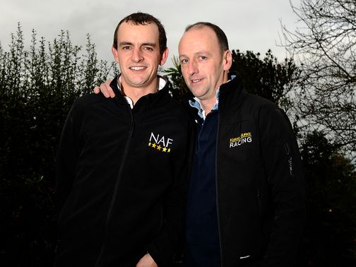 Owner Anthony Knott (right) with Hunt Ball's trainer Kieran Burke&nbsp;