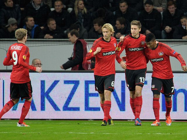 Bayer Leverkusen celebrate Jens Hegeler's goal