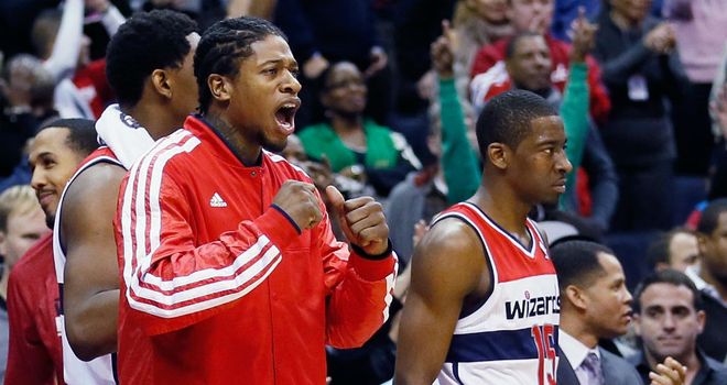 Washington Wizards players watch on in the closing moments of their win over the Trail Blazers