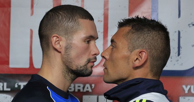 Tony Bellew (L) comes face-to-face with Saturday's opponent (pic Lawrence Lustig)