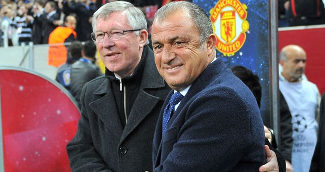 Fatih Terim with Sir Alex Ferguson, who was left to rue the manner of the goal conceded against Galatasaray