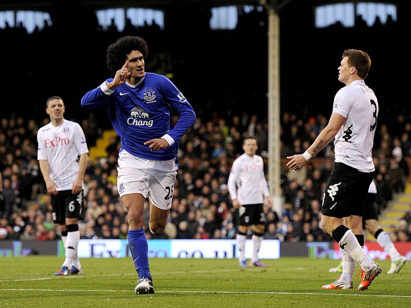 At the double: Marouane Fellaini notched a brace for the Toffees against the Cottagers