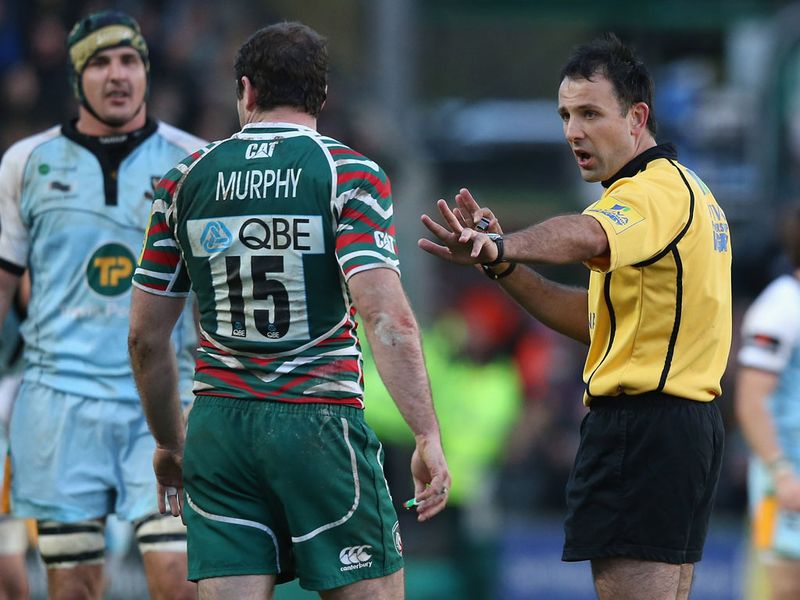 Leicester captain Geordan Murphy is spoken to by referee Greg Garner