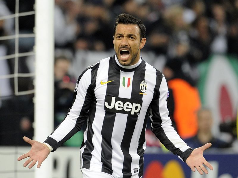 Fabio Quagliarella celebrates after his deflected shot finds the net to put Juventus into a 1-0 lead