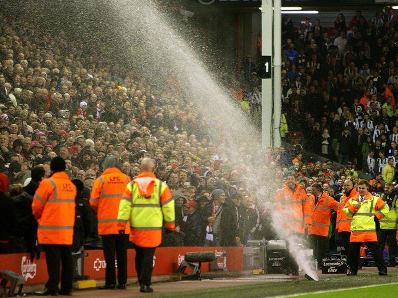 It never rains but it pours: with their team behind, Liverpool fans then got a half-time soaking from a malfunctioning sprinkler