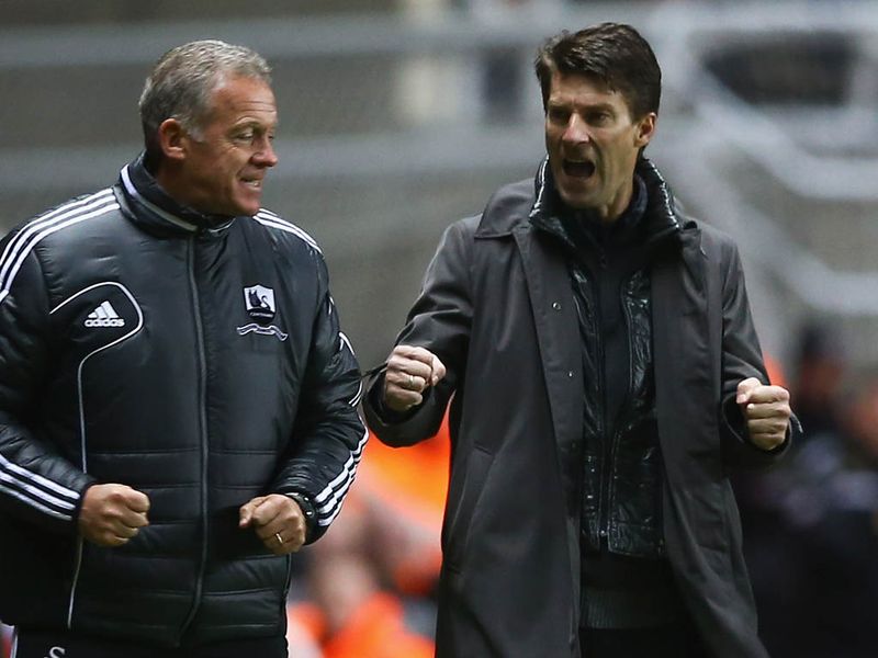 Michael Laudrup celebrates an impressive victory away at Newcastle United for Swansea.